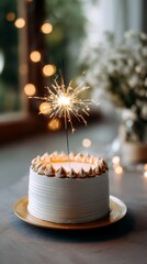 Sparkler Birthday Cake: A studio shot sparkler birthday cake moody golden light party table softly lit cinematic atmosphere.