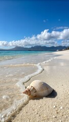 Obraz premium Seashell on a tropical beach with mountains