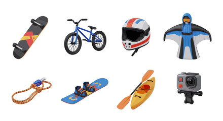 Various extreme sports equipment including bike and action camera