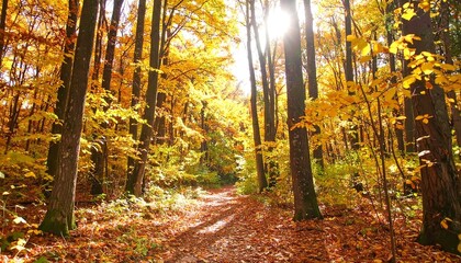 Fototapeta premium Autumn Forest Path Sunlight.