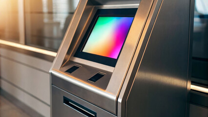 AI support for financial institutions. Modern ATM with vibrant screen in sleek metallic design. AI for customer service.