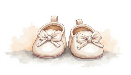 Hand-drawn, light beige baby shoes with bows.