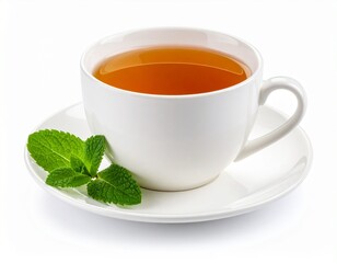 cup of tea for breakfast on a white background with mint leaves