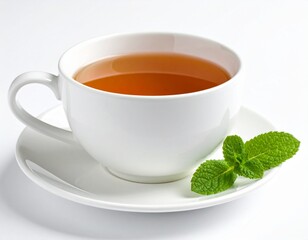 cup of tea for breakfast on a white background with mint leaves