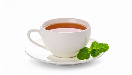 cup of tea for breakfast on a white background with mint leaves