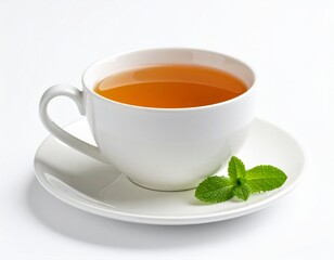 cup of tea for breakfast on a white background with mint leaves