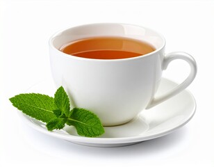 cup of tea for breakfast on a white background with mint leaves