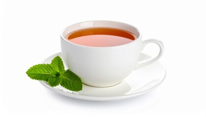 cup of tea for breakfast on a white background with mint leaves