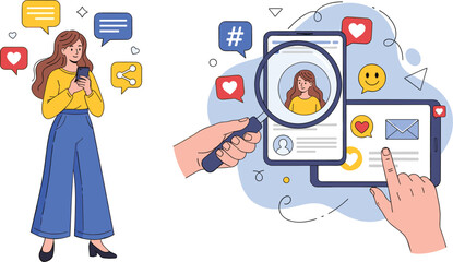 Illustration focused on social media marketing strategies to increase followers, study audience behavior, and optimize network engagement.