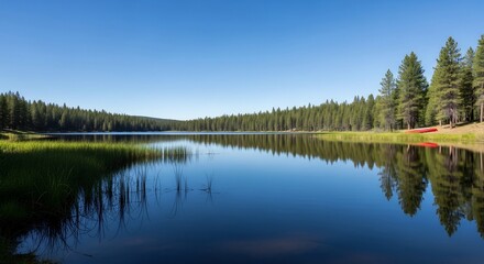 Fototapeta premium Idyllic Lake Landscape with Forest Reflection on Calm Water and Red Canoe on Shoreline