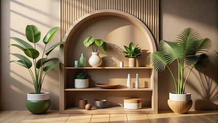 "3D display shelf with earthy tones and soft leaf shadows"