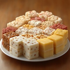 Assorted colorful rice cakes and pastries on a plate.  Variety of shapes, sizes, and fillings