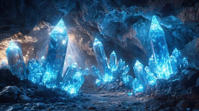 Glowing blue crystals illuminate a dark cavern