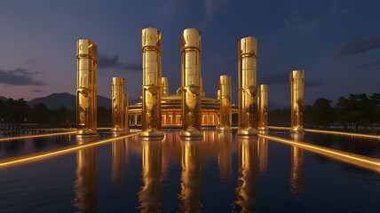 "High-tech temple with floating golden chains forming sacred paths"



