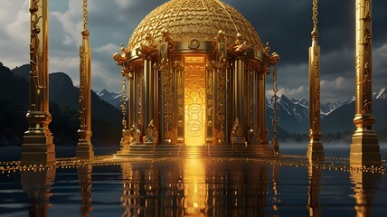 "High-tech temple with floating golden chains forming sacred paths"


