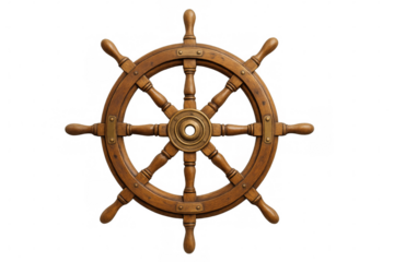 Vintage wooden ship steering wheel featuring polished brass hub, isolated, ideal for maritime design rendering nautical project elements
