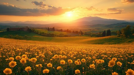 Fototapeta premium Lush field of wildflowers at sunset over rolling hills.