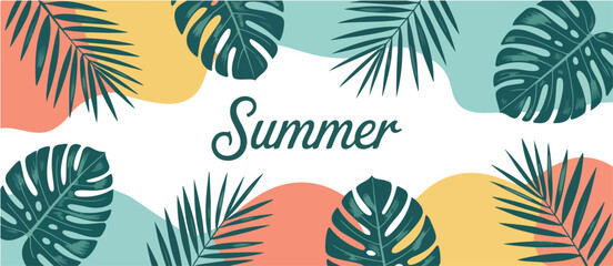 Summer themed banner with tropical leaves and a flower on a beige background with the word summer