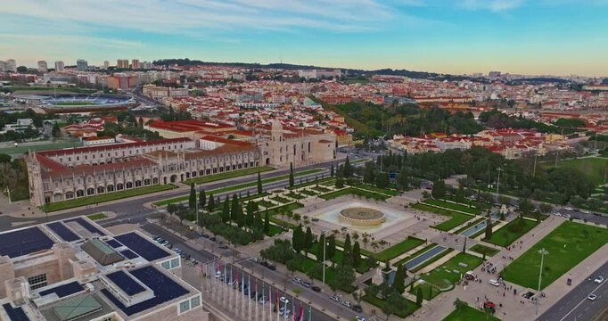 Aerial view of Jeronimos Monastery at Lisbon. Landscape Lisbon at sunny day, Portugal