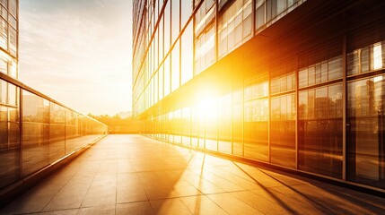 Sun-drenched walkway between a modern glass skyscraper and a reflective wall at sunset.  Warm light casts long shadows across the paved path