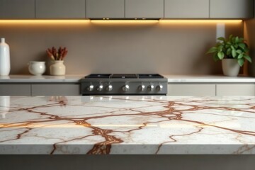 Sleek Modern Kitchen Countertop with Subtle Veining and Integrated Lighting, Showcasing a Clean and Minimalist Design Aesthetic