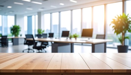 Modern office workspace with wood table.