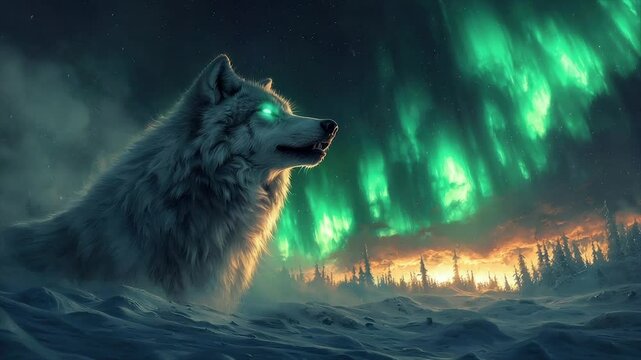 Majestic white wolf silhouetted against vibrant green aurora borealis in a snowy, wintry landscape