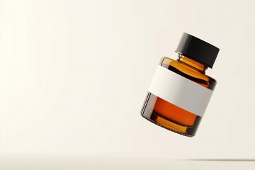 Obraz premium Amber glass bottle with black cap and white label on a neutral background