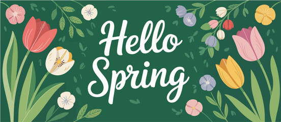 Fototapeta premium Hello spring text surrounded by tulips and small flowers on a dark green background illustration