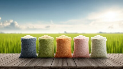 Colorful Rice Bags in a Rice Field