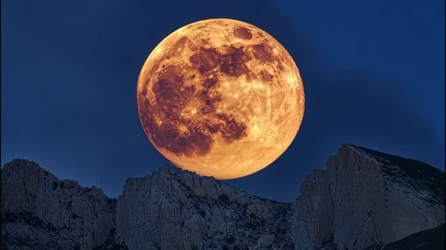 Big full moon rising behind mountain under deep blue night sky. 