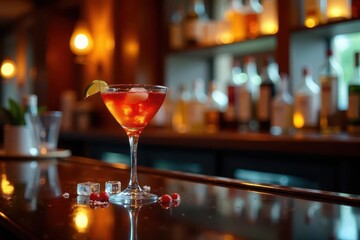 A Refreshing Cocktail on a Polished Bar Top with Ice Cubes and Citrus Garnish