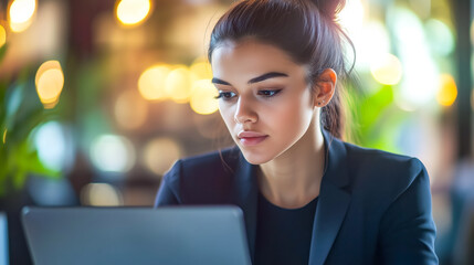 Obraz premium A focused businesswoman works on her laptop in a modern cafe, embodying professionalism and dedication in a bustling environment.
