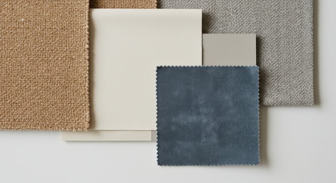 Assorted fabric and color swatches arranged on a white background flatlay - Powered by Adobe