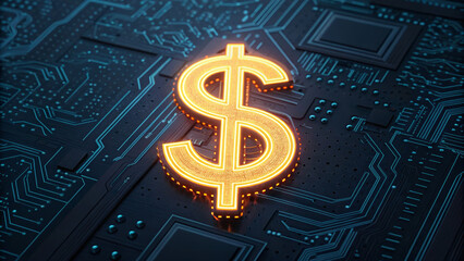 AI support for financial institutions. Digital dollar symbol on a circuit board background with glowing effect. AI for customer service.