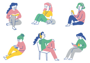 Set of women enjoying alone time_Color
