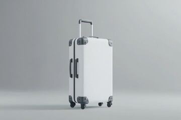 A white rolling suitcase stands against a simple gray background
