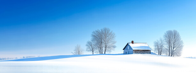 A serene winter landscape features a snow-covered field, a cozy house, and bare trees against a clear blue sky.