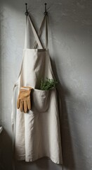 Hanging apron with gardening glove and herbs against a gray wall area