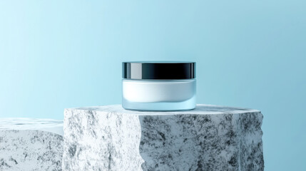 A sleek, modern skincare jar placed on a textured stone pedestal against a soft blue background, highlighting beauty and simplicity.