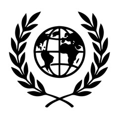Laurel wreath with globe icon representing global achievement and unity with transparent background
