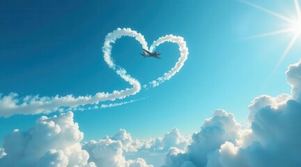 Airship carving a heart in the heavens above a fluffy cloud scape under a bright sun