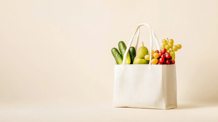 A stylish white tote bag filled with fresh fruits and vegetables, symbolizing healthy eating and sustainable living.