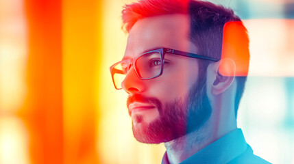 A thoughtful young man with glasses gazing into the distance, embodying focus and determination in a vibrant setting.