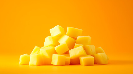 A vibrant display of fresh yellow mango cubes, perfect for food photography, fruity recipes, or healthy eating inspiration.