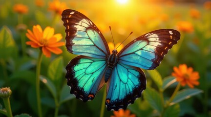 A Vibrant Blue Butterfly in a Sunlit Meadow of Orange Flowers, Wings Spread Wide, Showing Intricate Details at Golden Hour