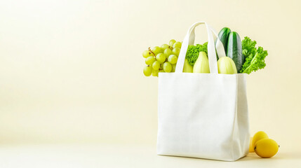 A white reusable tote bag filled with fresh fruits and vegetables on a light background, promoting sustainability and healthy living.