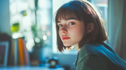 A young woman gazes thoughtfully out a window, reflecting a sense of curiosity and introspection in a bright, modern environment.