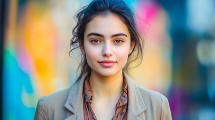 A young woman with a confident expression stands against a vibrant, colorful background, capturing the essence of urban life.