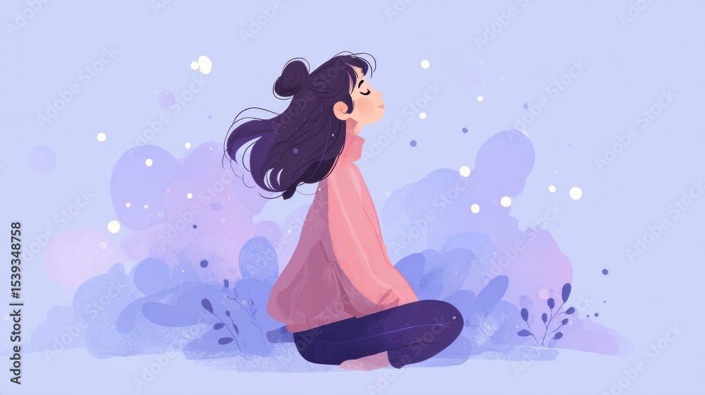 Poster relaxation through pastel visuals promoting calm breath and serene mind in a tranquil setting